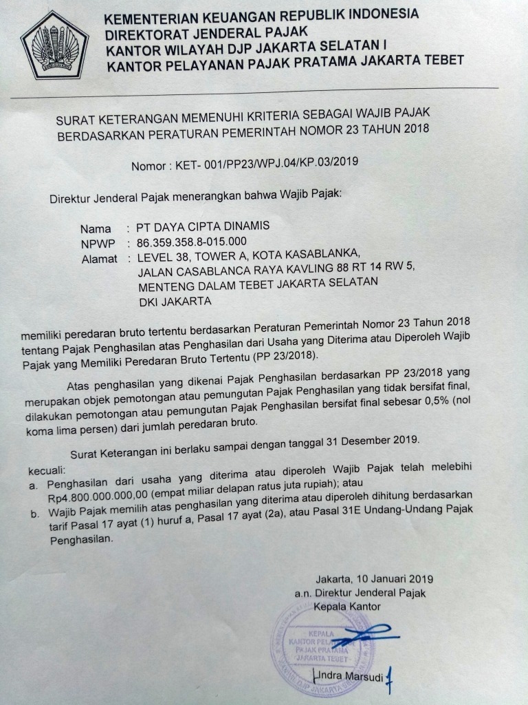 Surat Keterangan Bebas Pajak Storania Pt Daya Cipta Dinamis